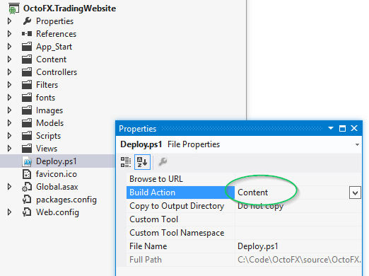 The Visual Studio file properties pane for Deploy.ps1, with Build Action set to Content