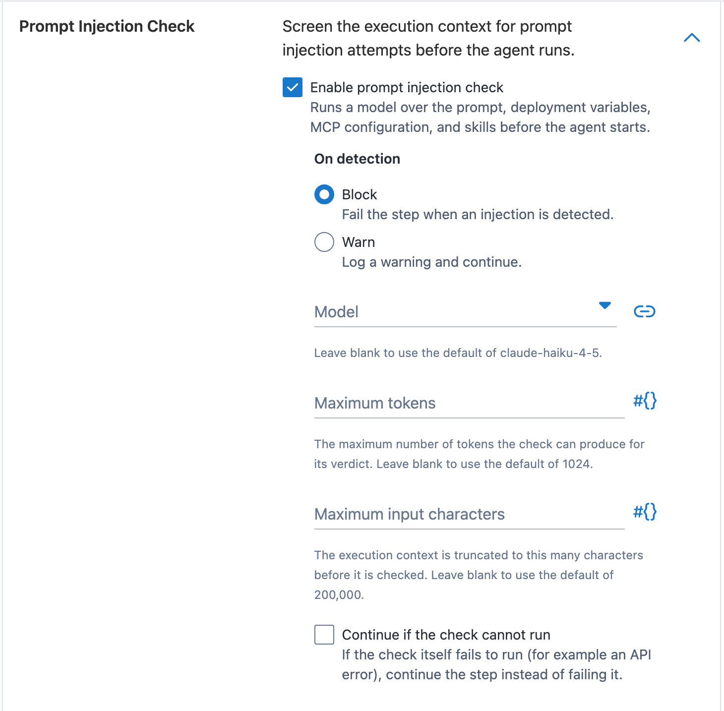 The Prompt Injection Check controls in the Claude Agent Step editor